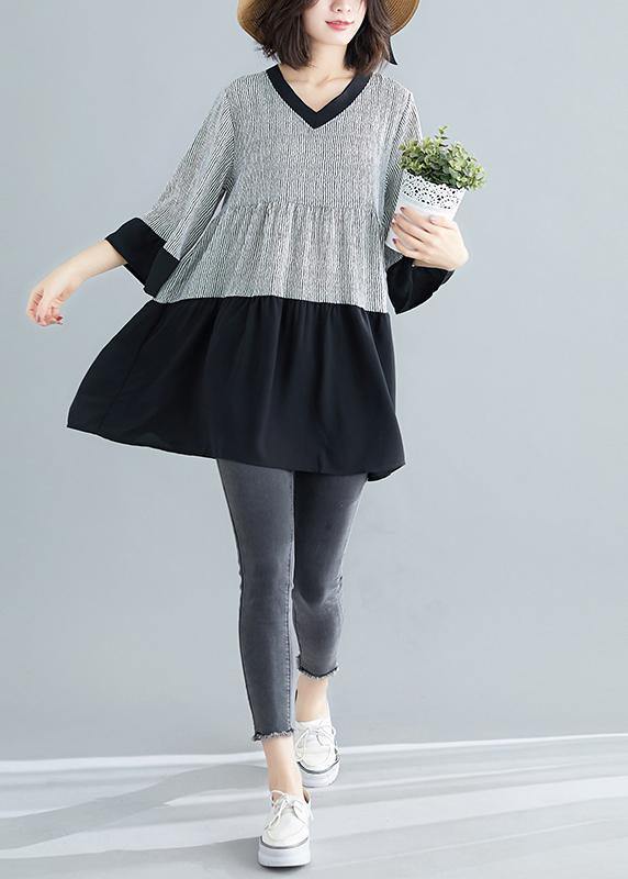 Art white striped chiffon dresses boutique Life patchwork flare sleeve Art Summer Dresses - SooLinen