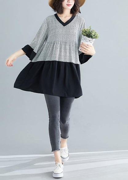 Art white striped chiffon dresses boutique Life patchwork flare sleeve Art Summer Dresses - SooLinen