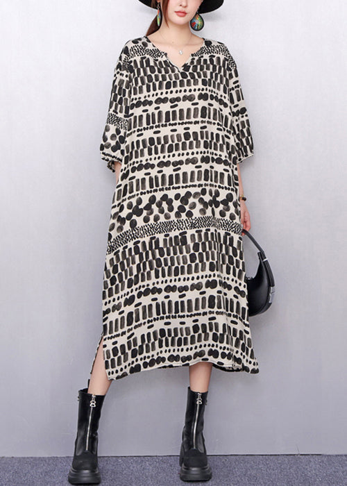 Artistic Patterned Print Pockets Cotton Long Dress Half Sleeve