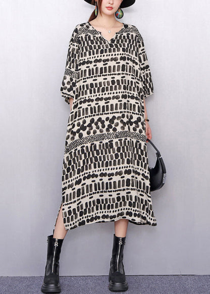 Artistic Patterned Print Pockets Cotton Long Dress Half Sleeve