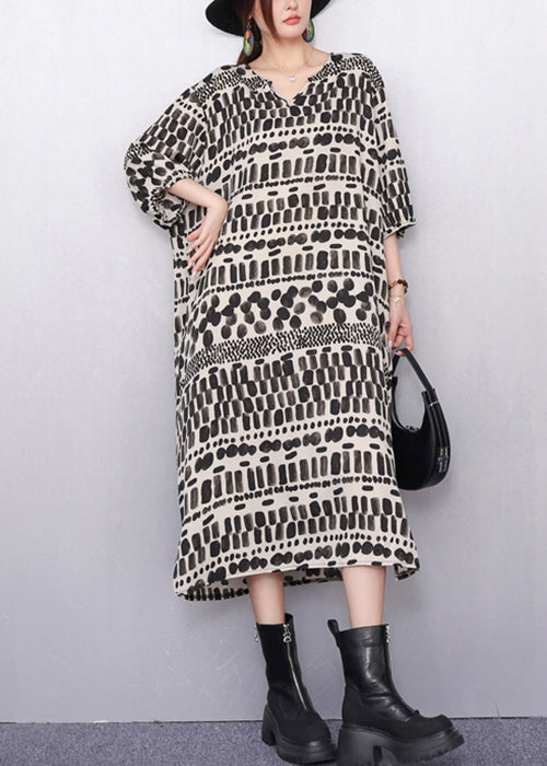 Artistic Patterned Print Pockets Cotton Long Dress Half Sleeve