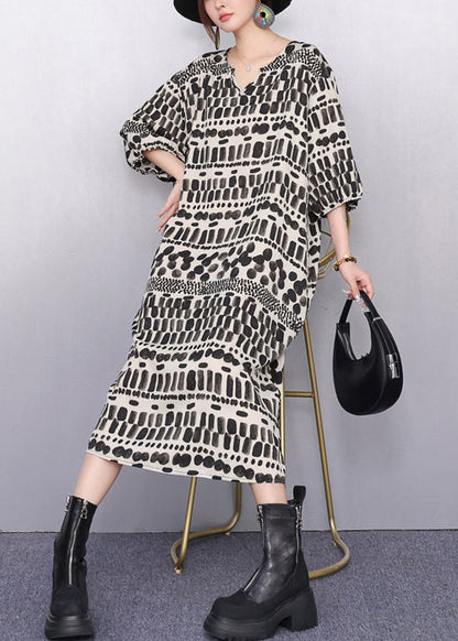 Artistic Patterned Print Pockets Cotton Long Dress Half Sleeve