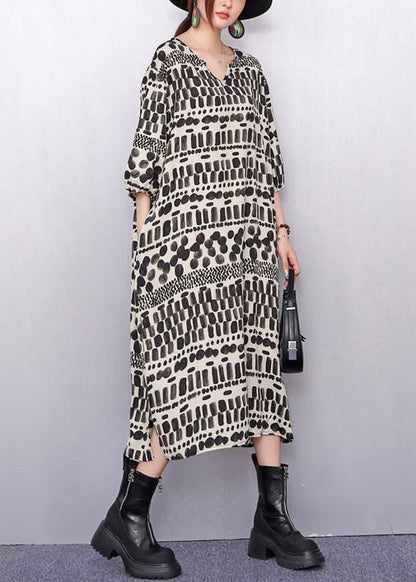 Artistic Patterned Print Pockets Cotton Long Dress Half Sleeve