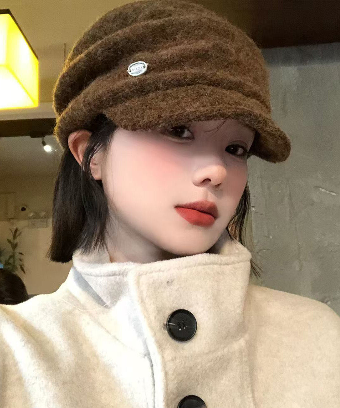 Autumn And Winter Coffee Warm Woolen Pleated Beret Hat