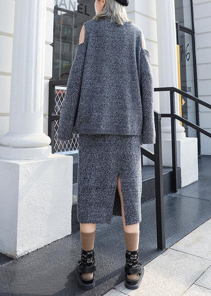 Autumn Knitted Gray Set Women's Two-piece Skirt New Sweater Skirt Set - SooLinen