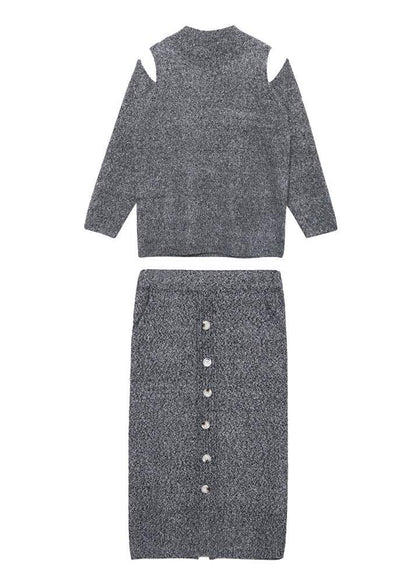Autumn Knitted Gray Set Women's Two-piece Skirt New Sweater Skirt Set - SooLinen