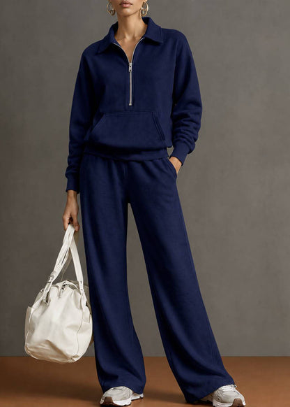 Autumn New Navy Lapel Zipper Sweatshirt Wide Leg Pants Two-Piece Set