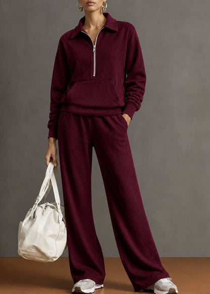 Autumn New Navy Lapel Zipper Sweatshirt Wide Leg Pants Two-Piece Set