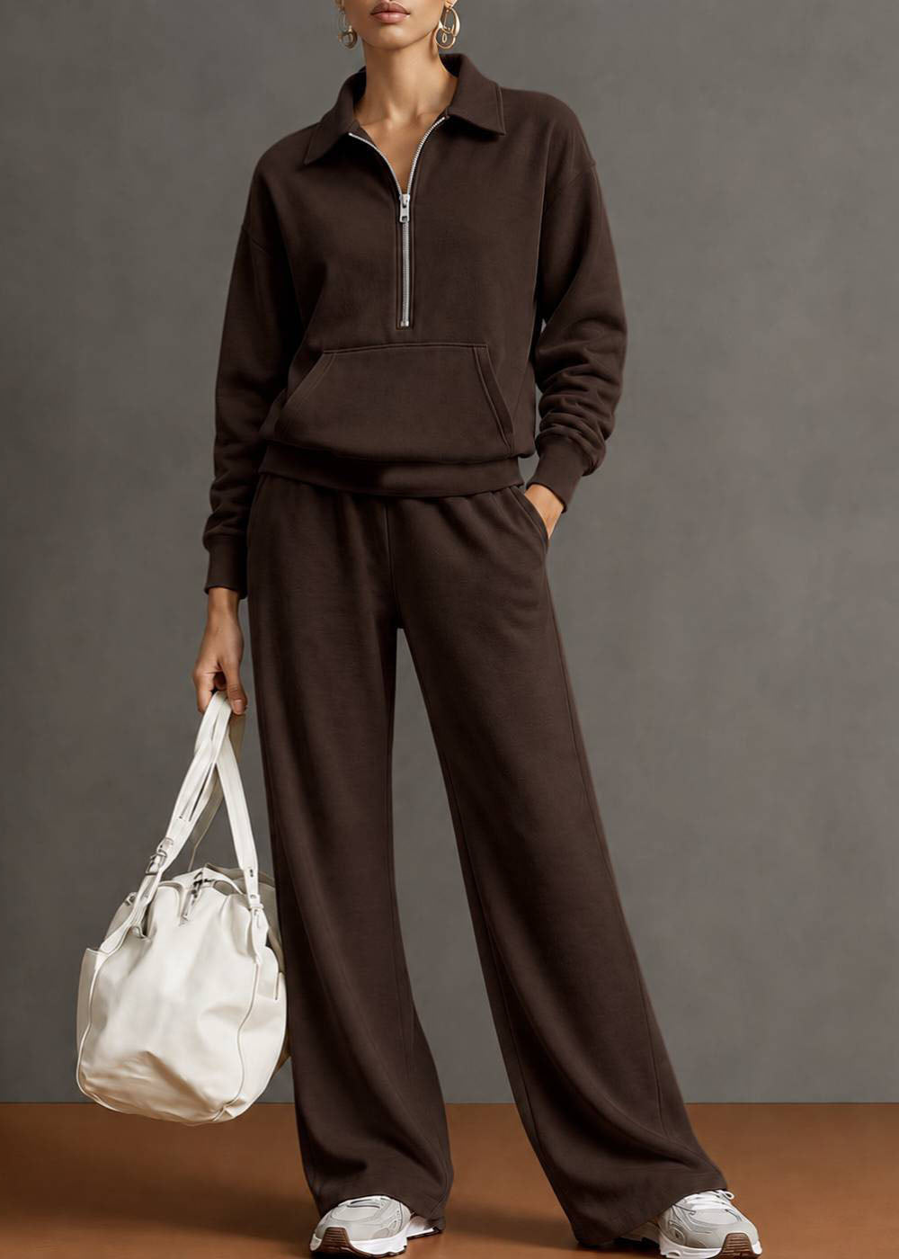 Autumn New Navy Lapel Zipper Sweatshirt Wide Leg Pants Two-Piece Set