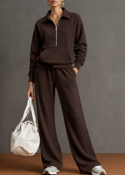 Autumn New Navy Lapel Zipper Sweatshirt Wide Leg Pants Two-Piece Set