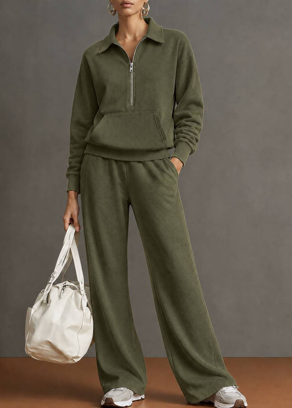 Autumn New Navy Lapel Zipper Sweatshirt Wide Leg Pants Two-Piece Set