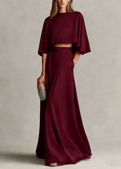 Autumn New Women's Champagne Satin Top And Skirt Set