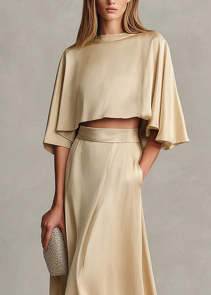 Autumn New Women's Champagne Satin Top And Skirt Set