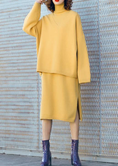 Autumn new temperament yellow high collar long-sleeved sweater suit skirt two-piece - SooLinen