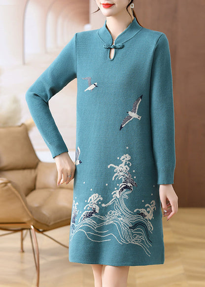 Baby Blue Print Button Cotton Knit Maxi Sweater Dress Spring