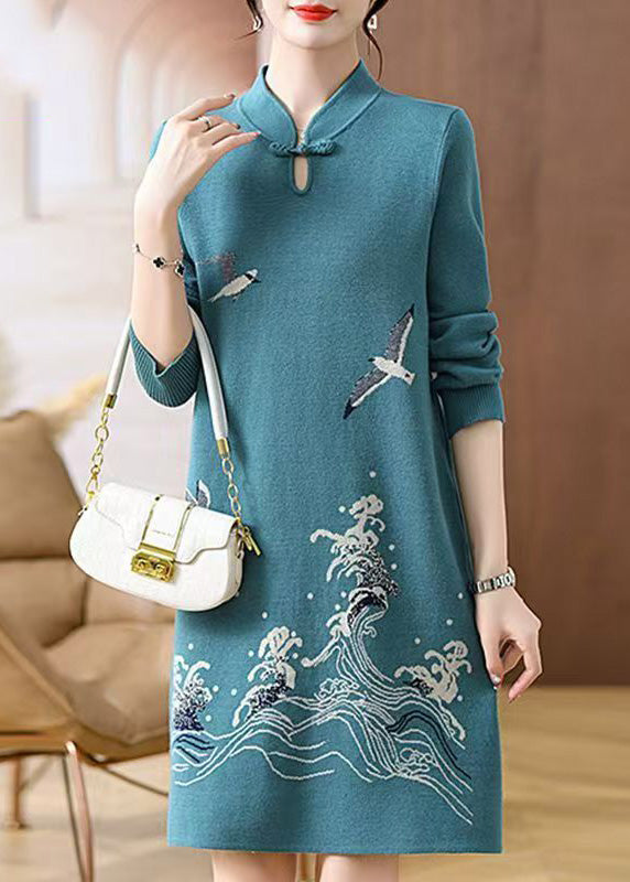 Baby Blue Print Button Cotton Knit Maxi Sweater Dress Spring
