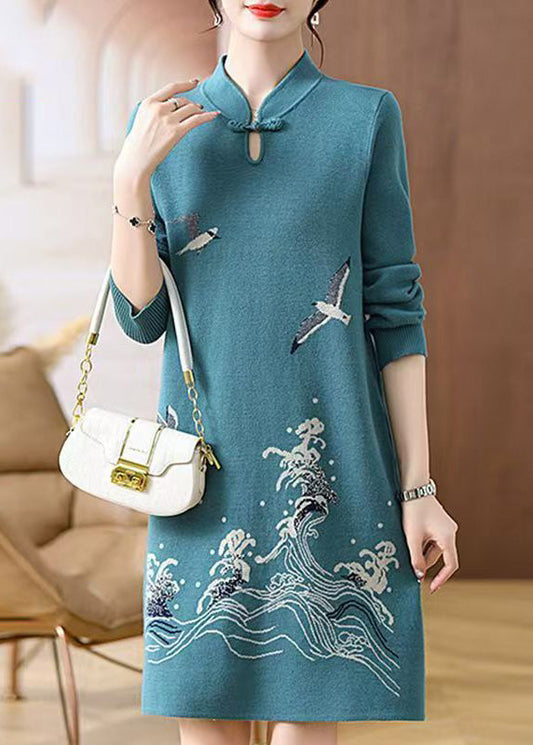 Baby Blue Print Button Cotton Knit Maxi Sweater Dress Spring