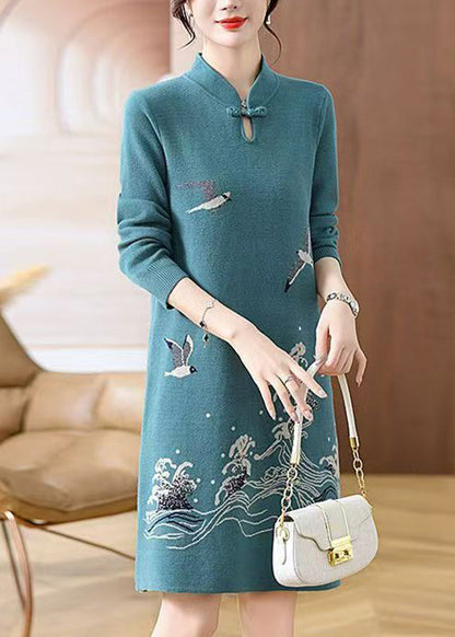 Baby Blue Print Button Cotton Knit Maxi Sweater Dress Spring