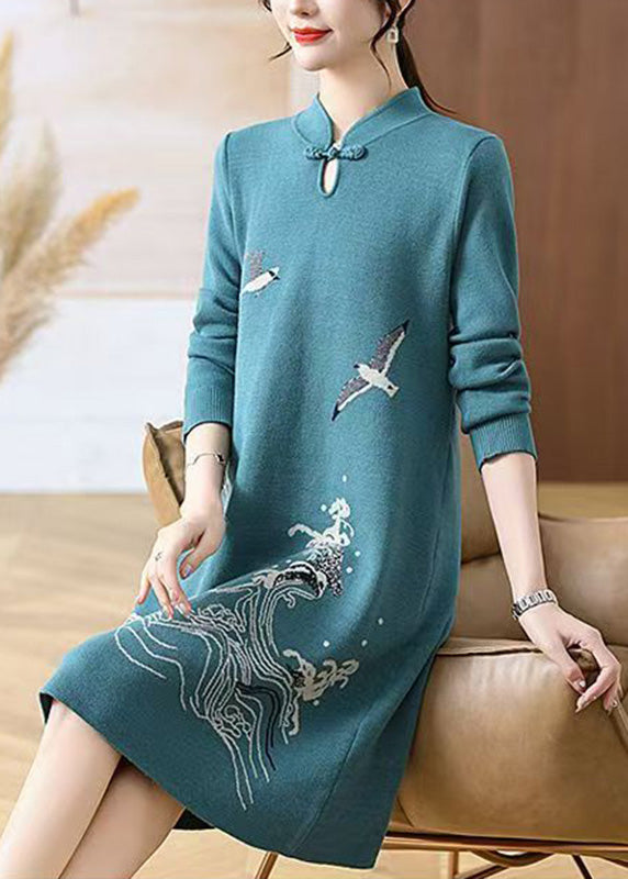 Baby Blue Print Button Cotton Knit Maxi Sweater Dress Spring