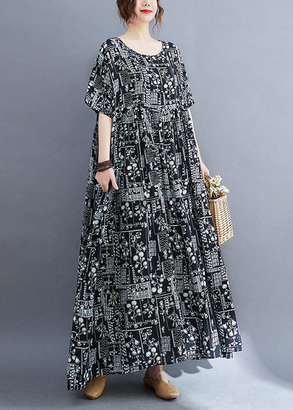 Baggy Black Wrinkled Patchwork Print Exra Large Hem Cotton Long Dress Short Sleeve