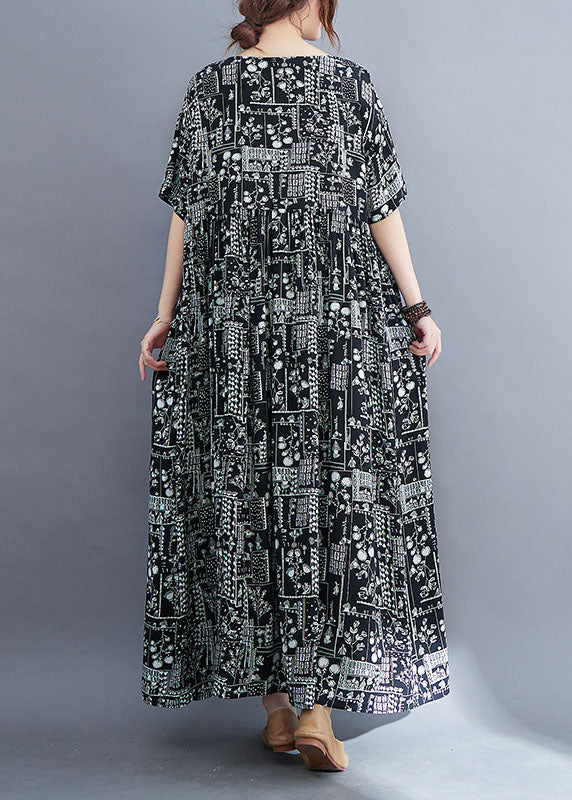 Baggy Black Wrinkled Patchwork Print Exra Large Hem Cotton Long Dress Short Sleeve