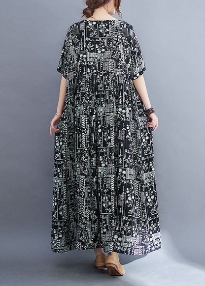Baggy Black Wrinkled Patchwork Print Exra Large Hem Cotton Long Dress Short Sleeve