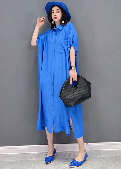 Baggy Blue Solid Peter Pan Collar Oversized Cotton And Linen Shirt Dress Short Sleeve