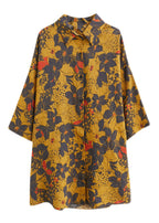 Baggy Yellow Peter Pan Collar Print Linen Shirt Top Half Sleeve