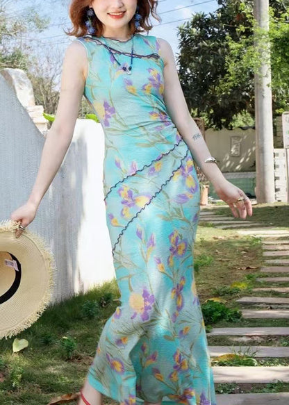 Beac Blue Print Flattering Knit Long Dresses Summer