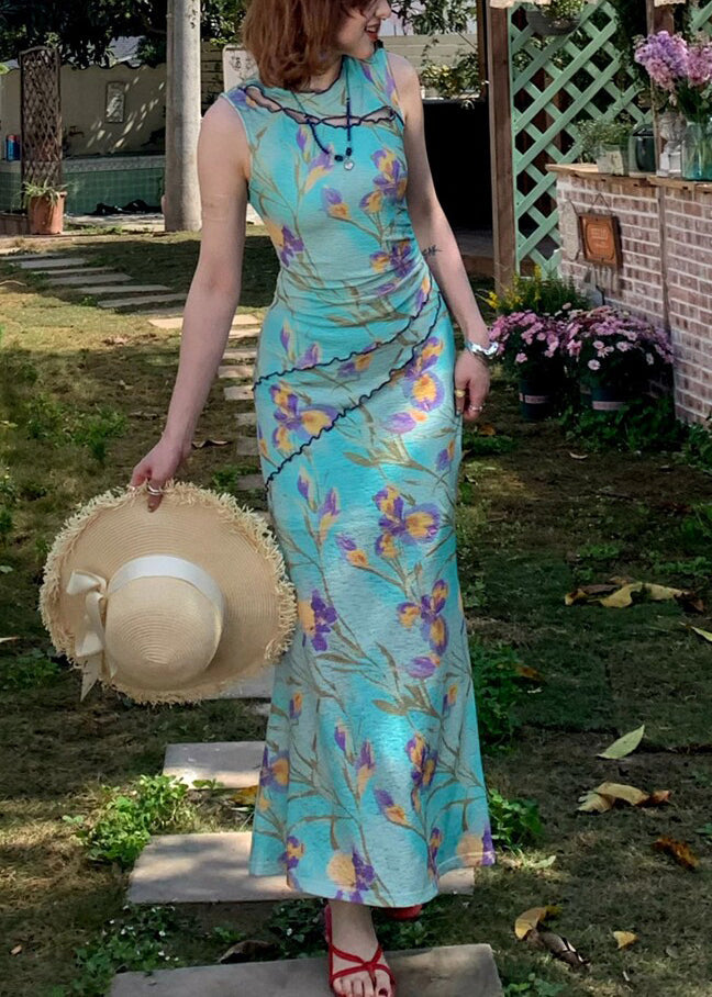 Beac Blue Print Flattering Knit Long Dresses Summer