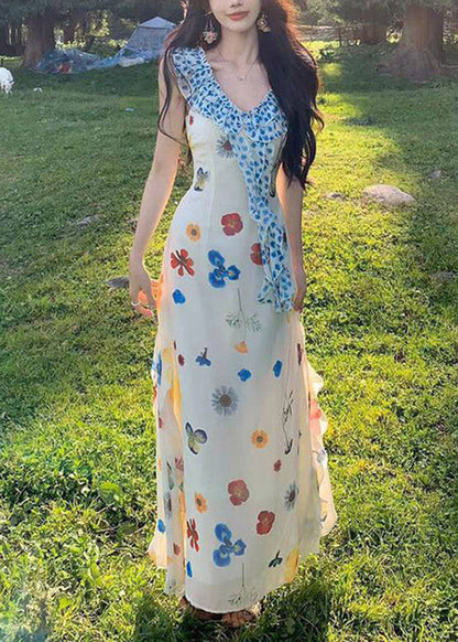 Beac White V Neck Patchwork Maxi Dress Summer