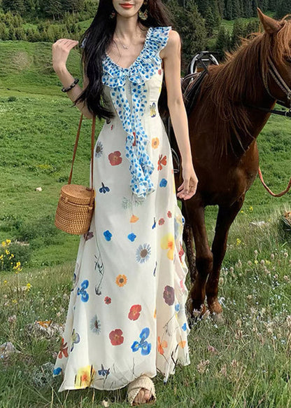 Beac White V Neck Patchwork Maxi Dress Summer