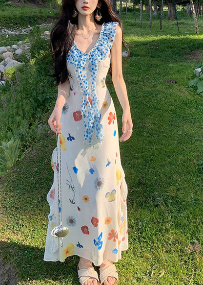 Beac White V Neck Patchwork Maxi Dress Summer