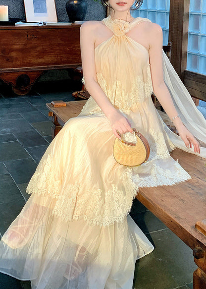 Beach Apricot Halter Lace Patchwork Floral Maxi Dress Summer