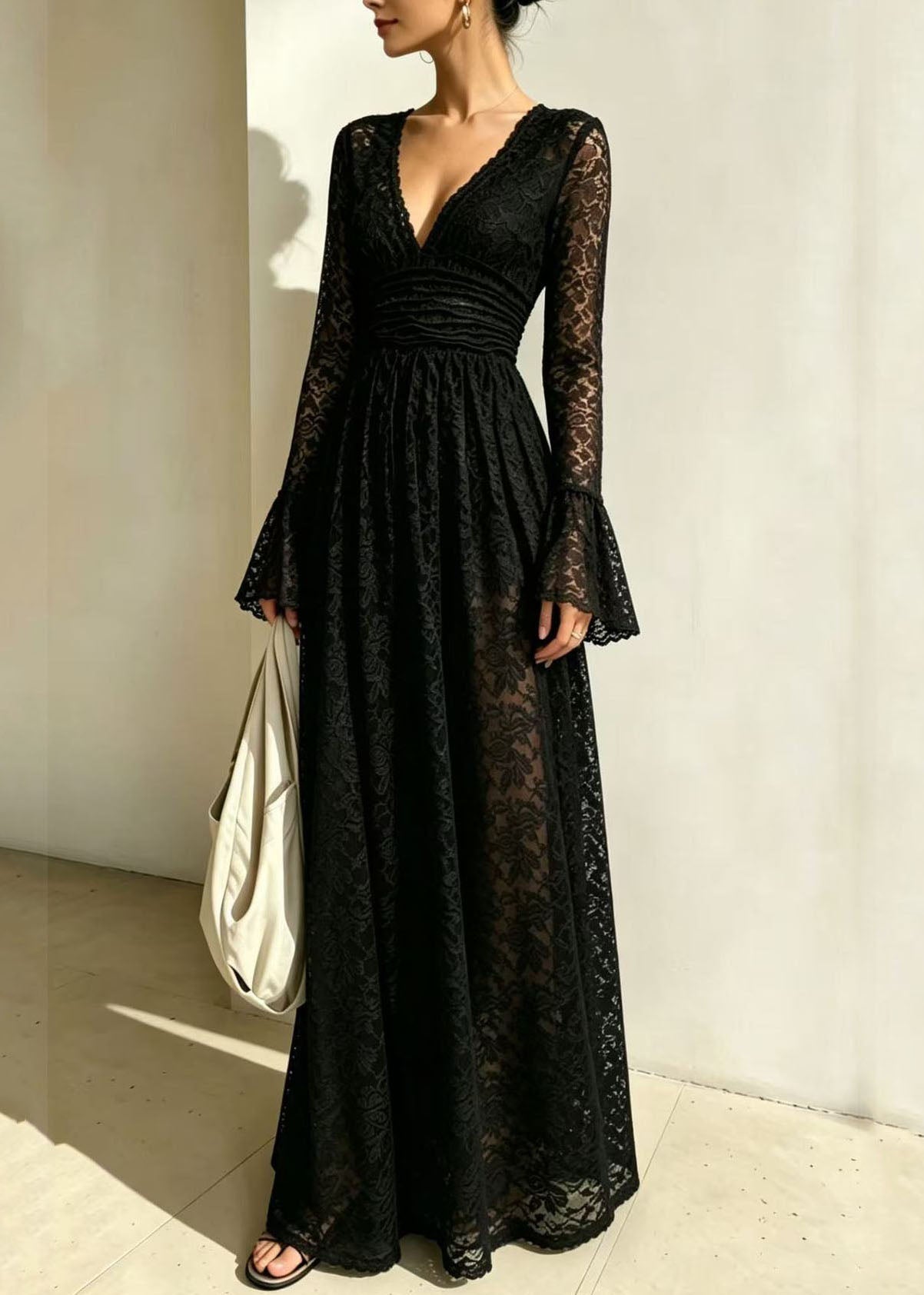 Beach Apricot V Neck Tunic Lace Maxi Dresses Fall