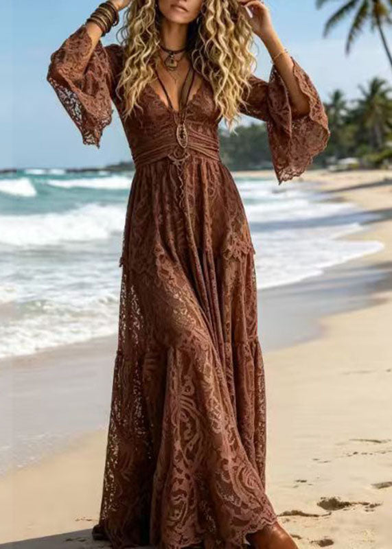 Beach Apricot V Neck Tunic Lace Maxi Dresses Fall