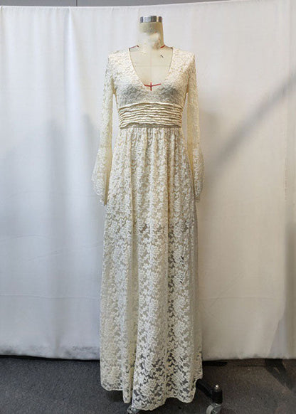 Beach Apricot V Neck Tunic Lace Maxi Dresses Fall