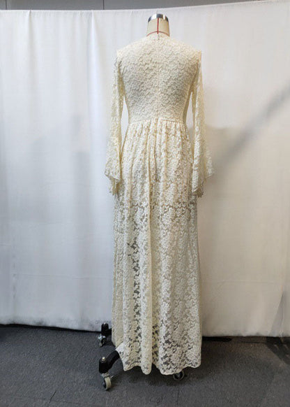 Beach Apricot V Neck Tunic Lace Maxi Dresses Fall