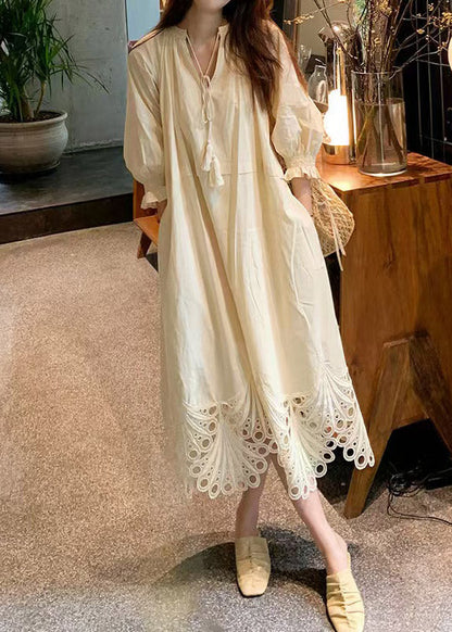 Beach Beige Tie Lace Hollow Out Maxi Dress Lantern Sleeve
