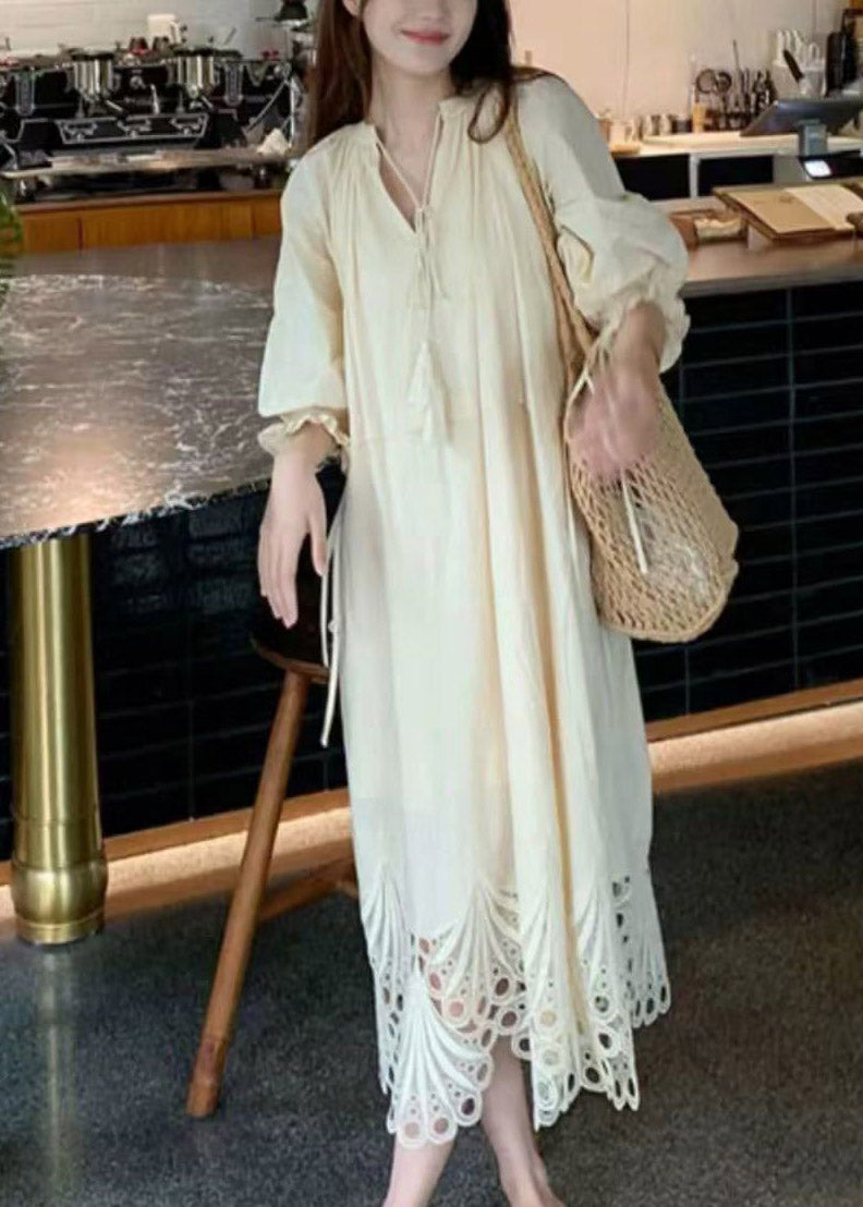 Beach Beige Tie Lace Hollow Out Maxi Dress Lantern Sleeve