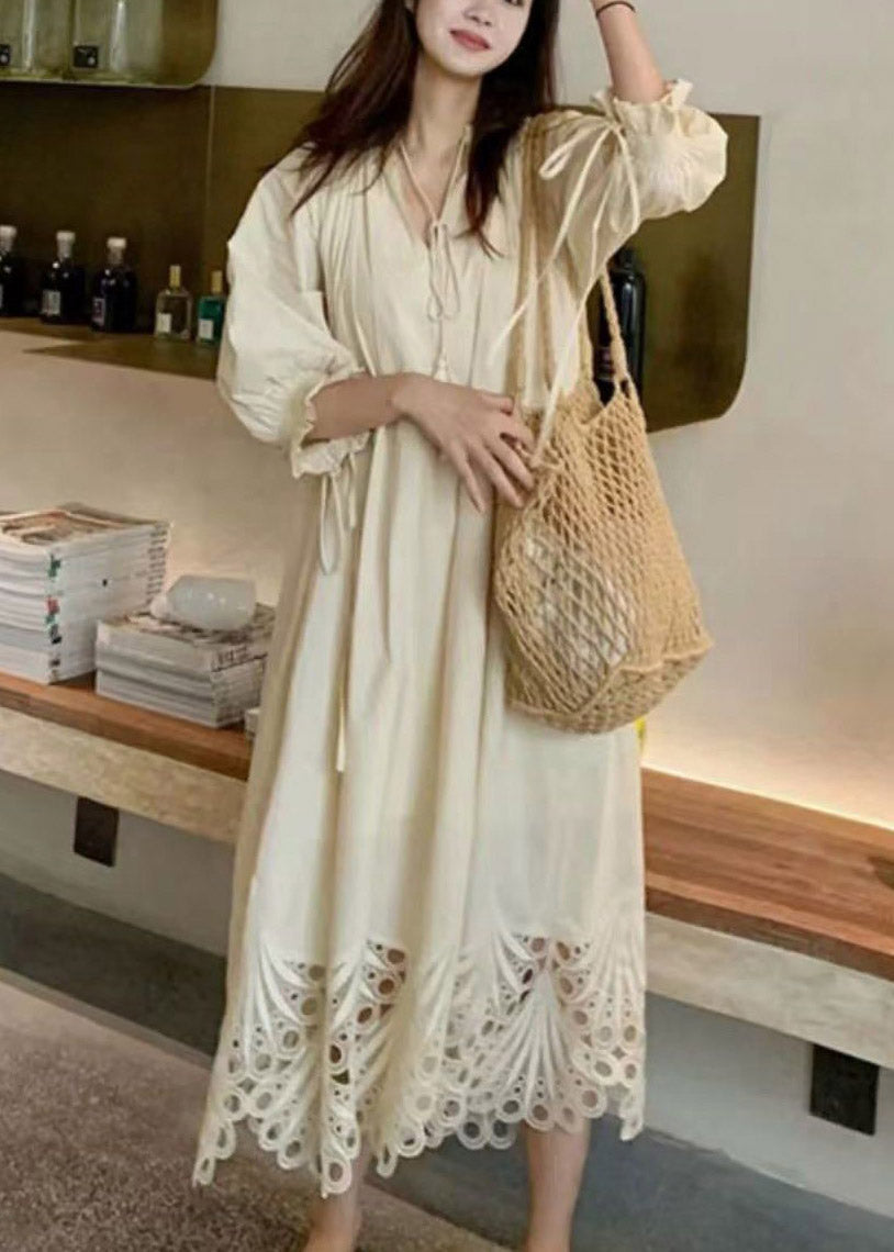 Beach Beige Tie Lace Hollow Out Maxi Dress Lantern Sleeve