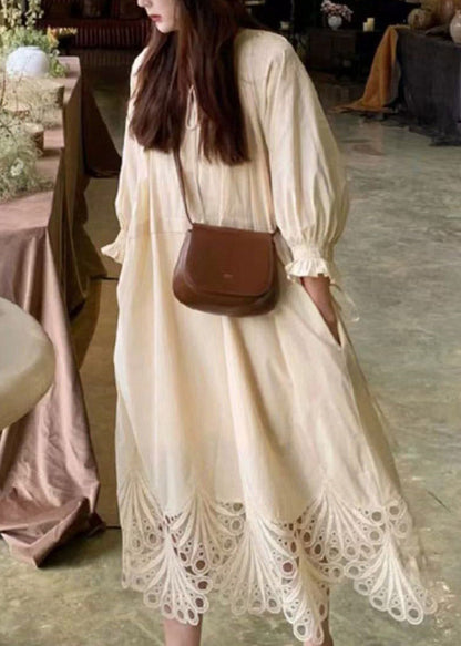 Beach Beige Tie Lace Hollow Out Maxi Dress Lantern Sleeve