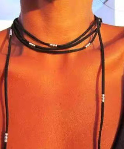 Beach Black Leather Alloy Feather Tassel Necklace