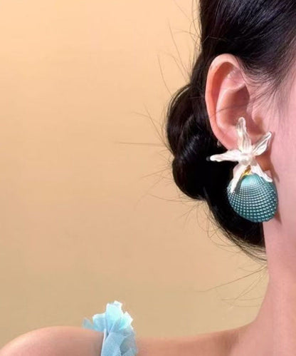 Beach Blue Alloy Shell Pearl Starfish Stud Earrings