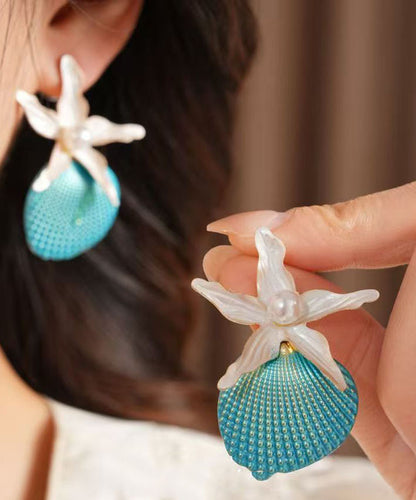 Beach Blue Alloy Shell Pearl Starfish Stud Earrings