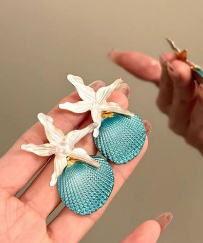 Beach Blue Alloy Shell Pearl Starfish Stud Earrings