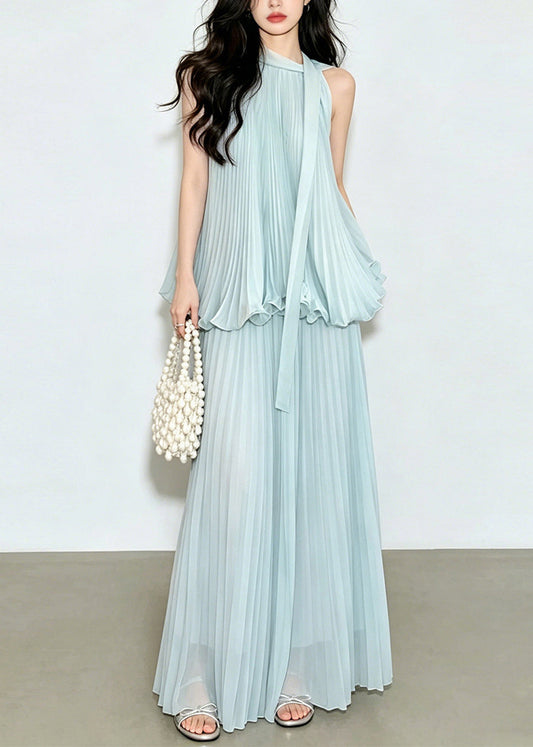 Beach Blue O-Neck Wrinkled Patchwork Solid Top And Wide Leg Pants Two Pieces Set Summer