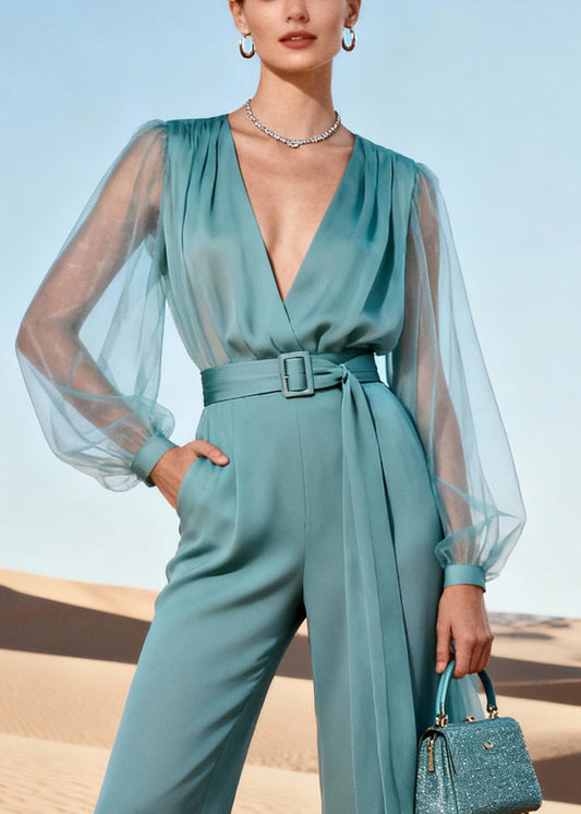 Beach Blue V Neck Tunic Tulle Patchwork Chiffon Jumpsuit Lantern Sleeve