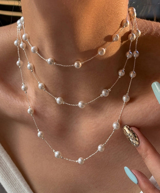 Beach Grey Stelring Silver Baby's Breath Pearl Gratuated Bead Necklace