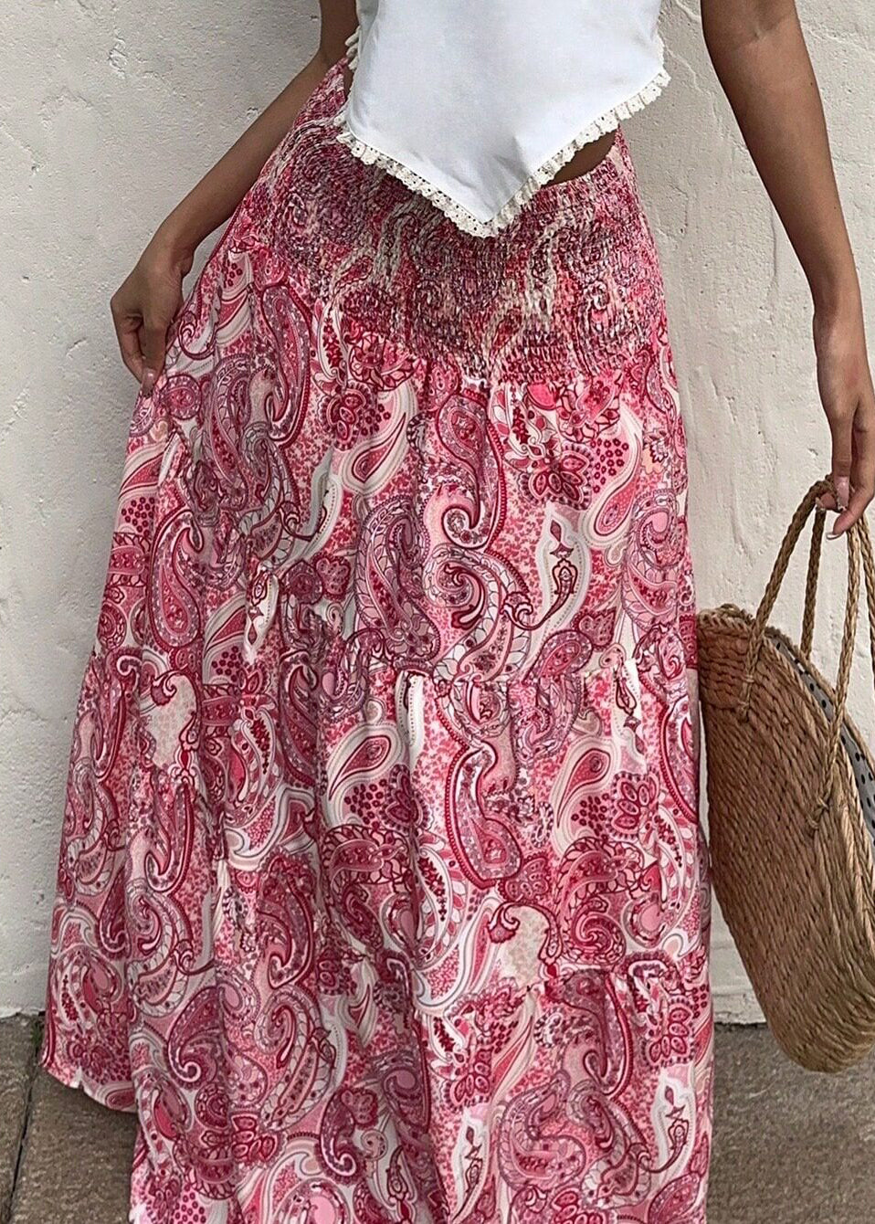 Beach Pink Print Elastic Waist A Line Skirts Summer